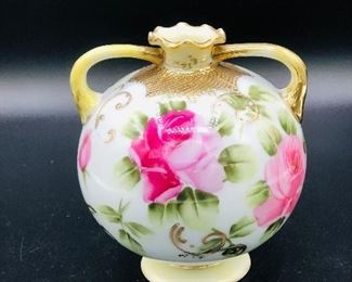 
Antique Nippon Two Handled 5 " Vase hand painted Roses 