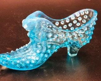 Fenton opalescent aqua hobnail slipper shoe.