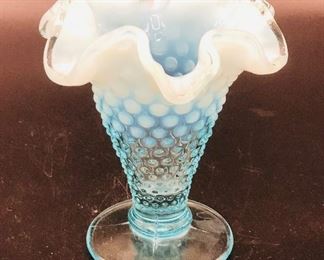 Vintage Fenton Blue Opalescent Hobnail Ruffled Trumpet Flower Vase 