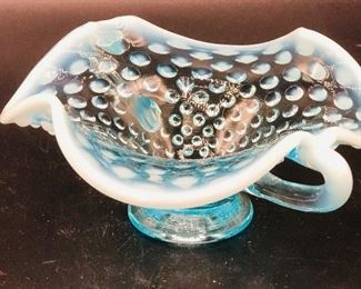 Vintage Fenton Blue Opalescent Hobnail Ruffled candy dish