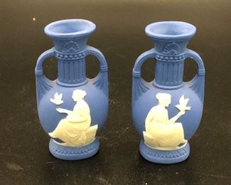 

Pair of Blue Japanese Jasper Ware Urns with Ladies feeding birds. Stamped Germany 