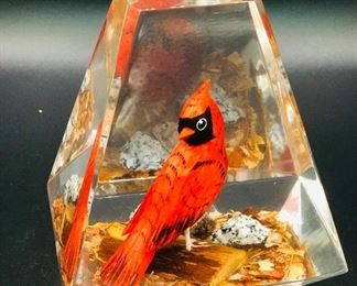 Vintage Clear Lucite Hand Carved Wood Rouge Cardinal Bird Paper Weight Made in Canada 