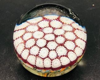 Vintage Murano Art Glass Paperweight Red Millefiori Rainbow Adventurine