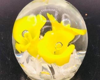 Freesia Paperweight  Yellow  White Orange Handmade Lead Crystal 1970s...