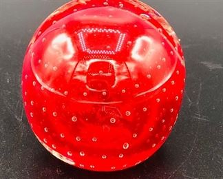 Red orb art glass paperweight with controlled bubbles 
