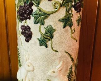 Vintage large Majolica umbrella stand rabbits and grapes