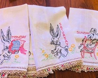 Hand embroidered and tatted days of the week tea towels.  There are 7