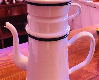 Vintage Biggin Enamel Coffee Maker, White Pot, Black Trim