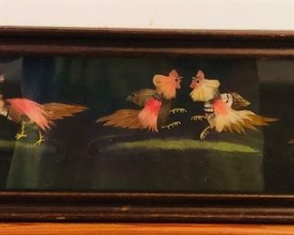 Vintage birds of a feather. Roosters made from feathers