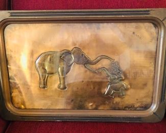 Pressed copper image in wooden vase/tray 