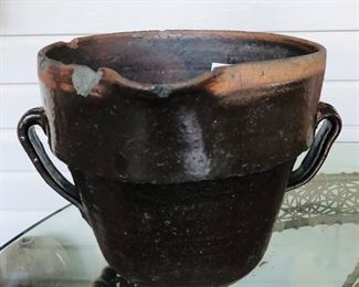 Crawford county Ga flower pot pitcher. Attributed to the Emmet Merritt family/double open loop handles/Albany slip glaze/ 
Emmet 1877-1937