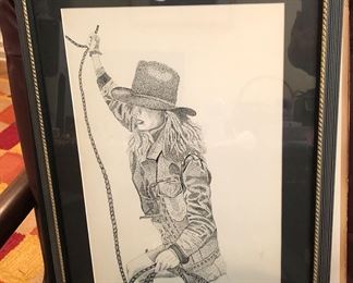 Pen and ink/ framed and matted/cowgirl
