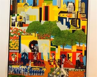 This piece is by acclaimed artist John T. Riddle /1933-2002
Riddle is in Museums worldwide
The piece is signed ,dated 1988 and numbered 77/125 and titled Atlanta 88
The inscription on the mat reads:
To chairman John Henry Anderson 
Thanks for your leadership in Atlanta 88 and for helping to give us the most United Democratic Party in Georgia’s history.
Peace and Blessings 
Andrew Young