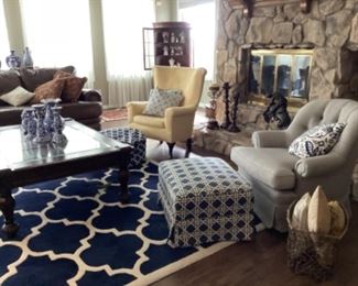Rug ~pillows~coffee table~occasional chairs