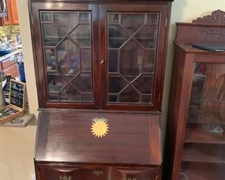 Ladies Secretary drop Cherry wood Antique small china cabinet and flatware storage drawers 