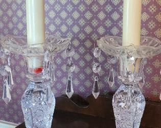Antique Pair Candle Lusters Hand Cut Crystal Glass, Faceted Prism Drops, Victorian