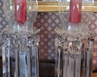 Antique Pair Candle Lusters Hand Cut Crystal Glass, Faceted Prism Drops, Victorian