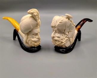 "Sultan" 
Meerschaum Hand Carved Cavalier Face Pipes ~ both w/cases