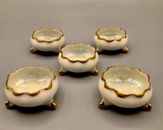 Iridescent w/gold rim & accents salt dips
B. Lund    
Germany      
*we have 5