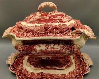 MASONS VISTA IRONSTONE RED/PINK TUREEN WITH LADLE AND UNDERPLATE
