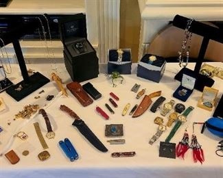 Jewelry ~ gold chains, necklaces, cuff links, watches, knives, cross pens..