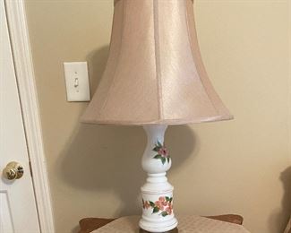 Vintage White Milk Glass Pink Floral Hand Painted Lamp