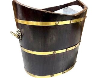 Antique Brass Bound Wooden Peat Bucket Wine Cooler