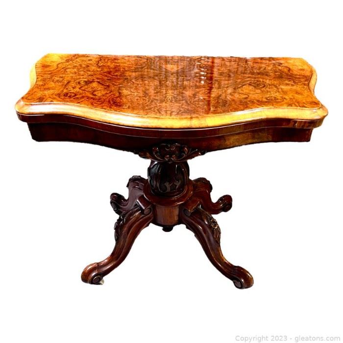 Gorgeous Antique Burr Walnut Serpentine Shaped Card Table