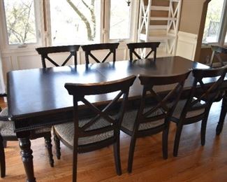Solid Black Dining Table with 8 Chairs 72" L Plus 20" Leaf 42" W. Great Condition