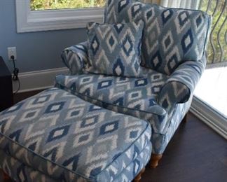 Upholstered Blue Pattern Chairs (2) Matching with Ottomans. Chairs 39" X 33", Ottomans 30" X 22"