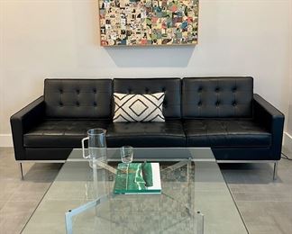 No Holds Barred Cartoon Collage and Florence Knoll Leather Sofa and Barcelona Coffee Table Mid Century Modern MCM