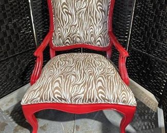 Red Painted Wood Arm Chair Upholstered with Zebra Print Fabric