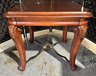 Square Accent Table with Carved Turned Tapered Legs and Metal Accent