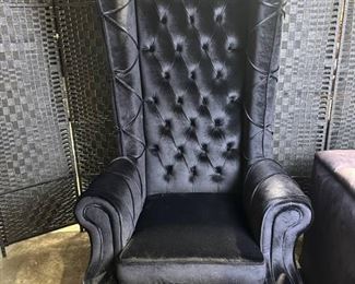 Striking Extra Tall Black Velvet Wing Back Chair with Tufted Back