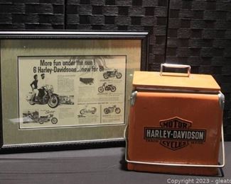 Vintage Collectible Oil Can Retro Metal Harley Davidson Cooler and Harley Davidson Framed Print