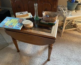 . . . drop leaf oak and glass end table