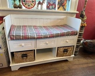Small Bench with Wicker Storage Boxes 