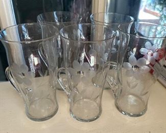 5 MCM etched floral glasses.