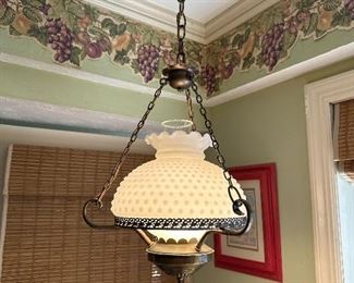 Vintage, white milk, glass, hobnail, hurricane swag lamp