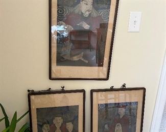 #6	Vintage set of 3 Large 19th C. Paintings on Silk   Yi Dynasty Korean Buddhist paintings 16x27  $300	Hung in Monastery 				