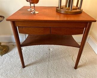 	#22	Vintage Danish teak side table with 2 drawers and shelf 26x19x23	 $150.00 				