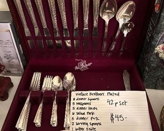 	#77	Wallace Brothers plated flatware set with case. 42 pieces	 $45.00 				