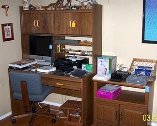 Computer desk, office chair, Mac computer, storage cabinet, etc...