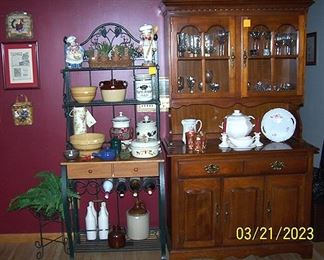 Baker's rack, 2 pc. china hutch, crockery, carnival glass tumblers, etc...