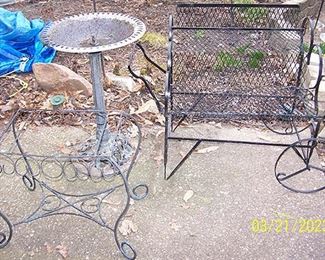 Bird bath, metal plant cart, metal table