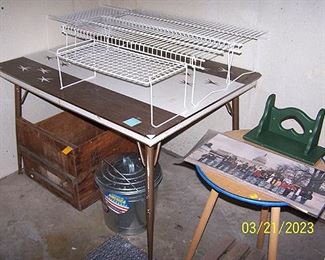1950's / '60's table w/ stars, wood box, storage shelf stands, etc...