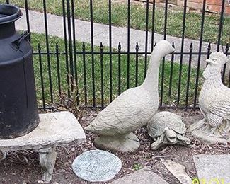 Concrete garden bench, concrete lawn decorations, milk can