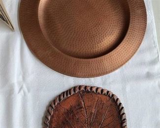 Lovely pottery piece from regional artist Janet Fisher and a Pfaltzgraff hammered copper tone charger