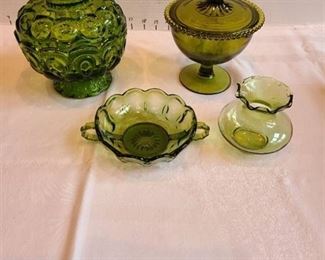 Moon and stars green glass covered candy dish, vintage Indiana glass pedestal dish with lid, other green glassware