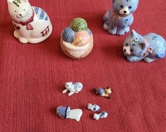 Ceramic salt and pepper shakers and cat miniatures